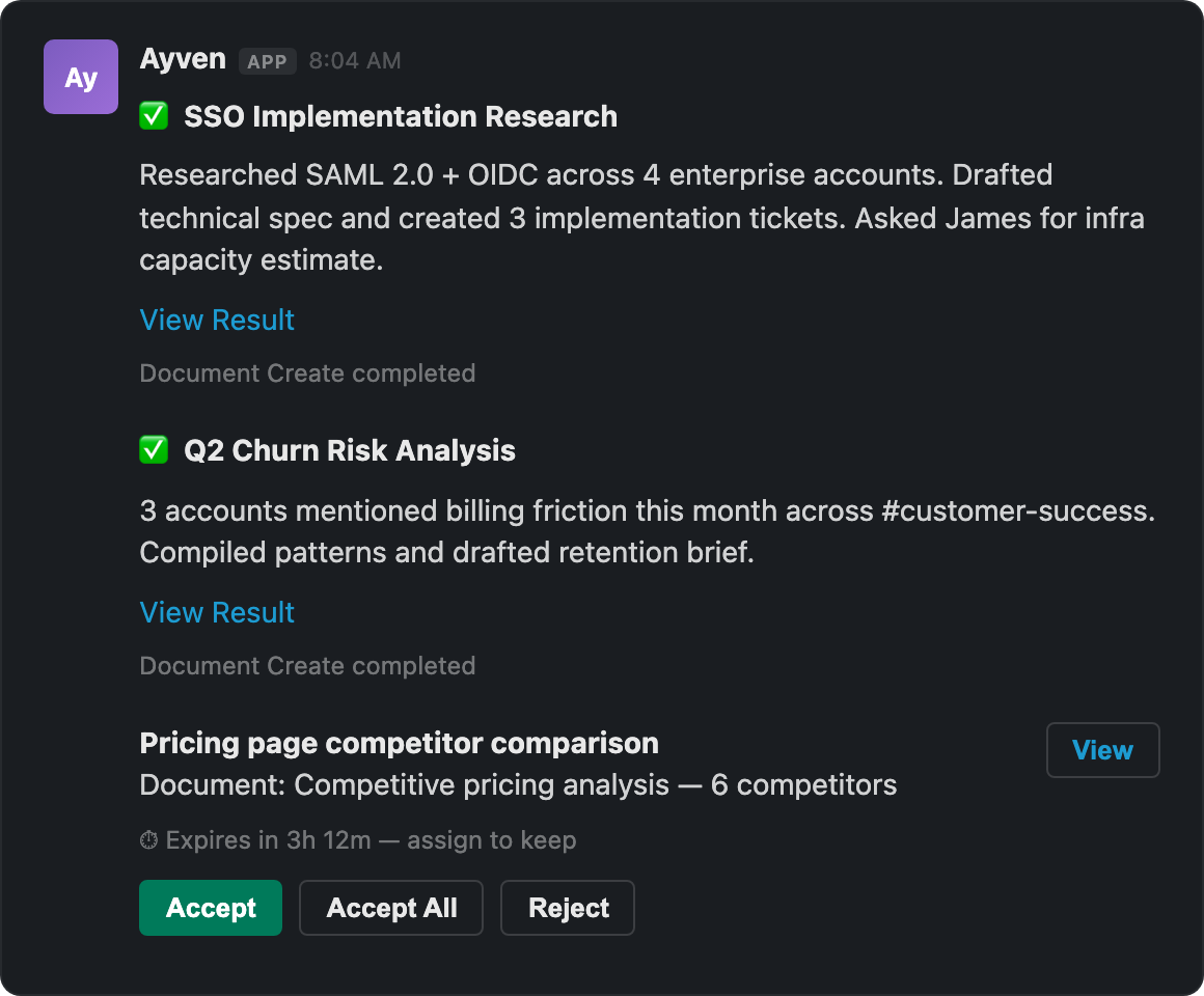 Ayven morning summary showing 3 items ready for review — a spec, tickets, and a churn risk alert